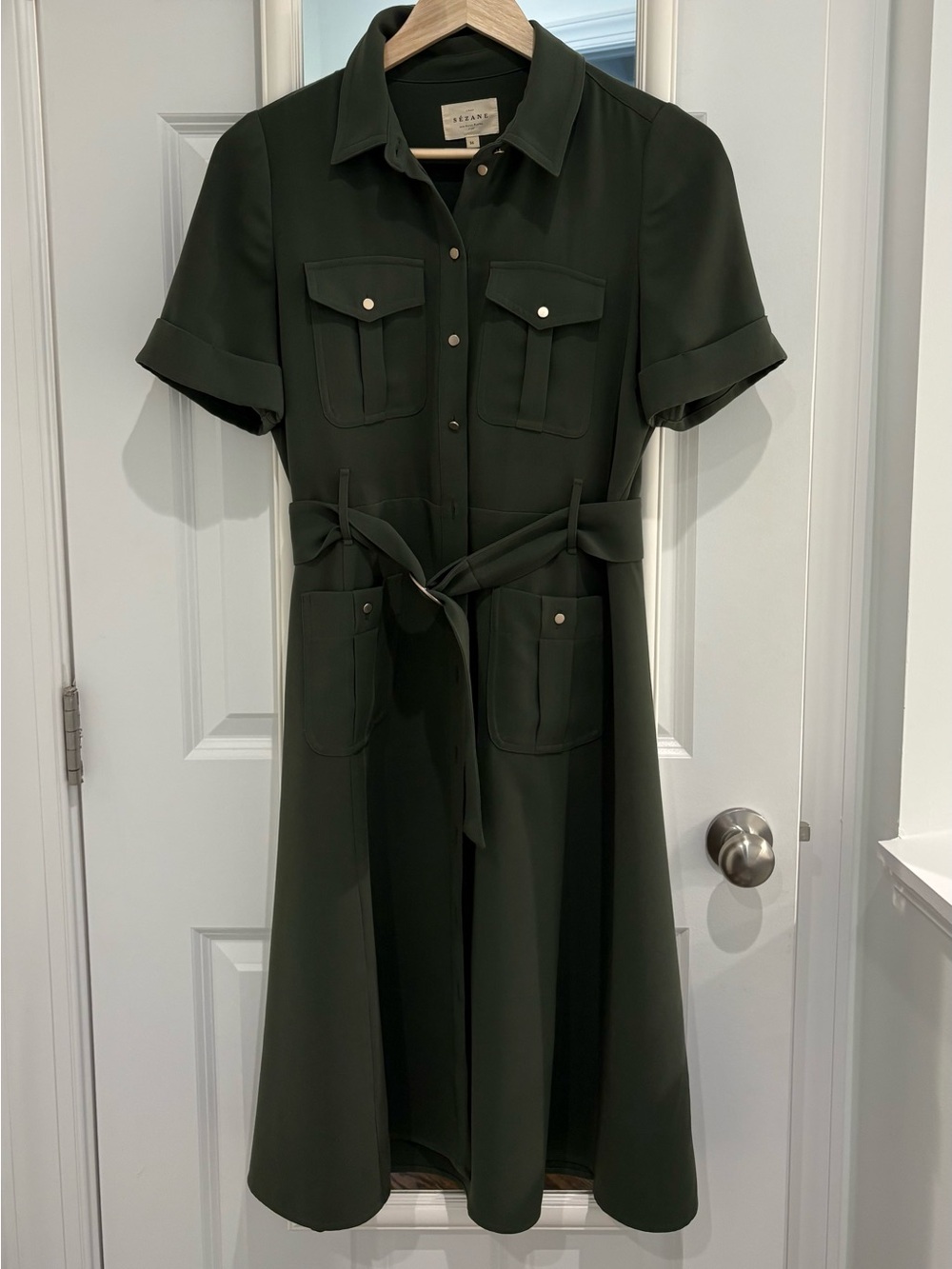 Sezane Raquel Green Short-Sleeve Shirt Midi Dress